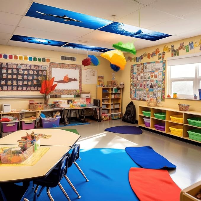 8 Pcs Fluorescent Light Covers with 80 Magnets Decorative for Classroom Ceiling Light 4 x 2 Feet Magnetic Light Covers Filter Easy Install for Office Hospitals & Home Drop Ceiling Supplies (Shark)