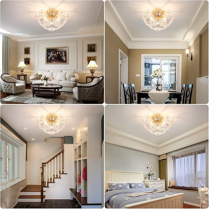 CM MZY Sputnik Flush Mount Ceiling Light, Gold Metal Flower Ceiling Light Fixtures, 3-Light Farmhouse Close to Ceiling Lamp Fixture for Bedroom Closet Kitchen Living Room Hallway(Dia 13.8")
