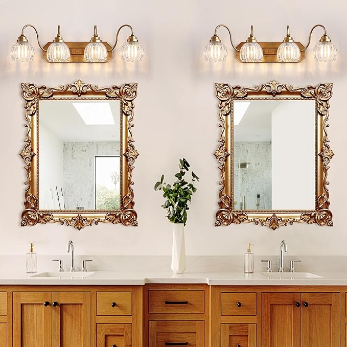 Gold Vanity Light, Vintage Bathroom Light Fixtures, 4-Light Matte Antique Brass Finish with Crystal Glass Shade, Mid Century Style Wall Sconces for Bedroom, Living Room