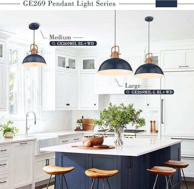 Emliviar 3 Pack Dome Chandeliers, Vintage Blue Pendant Lights with Wood Grain Part, GE269MIL-3 BL+WD