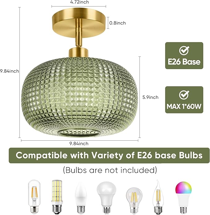 ROTTOGOON Semi Flush Mount Ceiling Light, Adjustable Hanging Gold Sloped Ceiling Lights with Green Glass Shade Vintage Hallway Light Fixtures for Kitchen Bathroom Entryway Bedroom (Bulb Not Included)