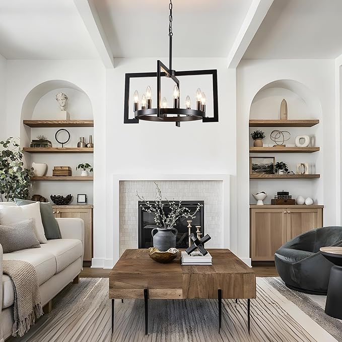 21.65" Modern Black Chandelier 8-Lights Geometric Industrial Round Pendant Light, Hight Adjustable, Vintage Light Fixtures for Kitchen Island Dining Room Living Room and Foyer