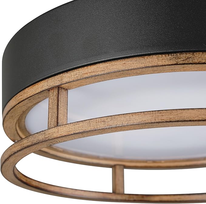 GLOBE Electric 44663 1-Light Integrated LED Outdoor/Indoor Flush Mount Ceiling Light, Matte Black and Faux Wood Finish, Frosted Diffuser, Weather Resistant, Modern Rustic Design