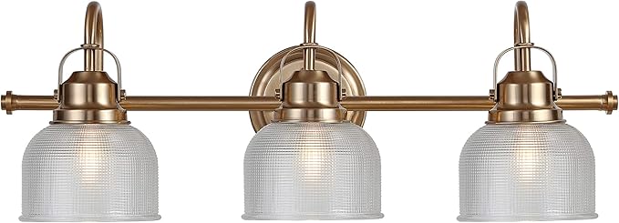 JONATHAN Y 25.25" Brass Gold Modern Bathroom Vanity Light, 3-Light LED Wall Sconce, Clear Glass Bell Shade for Mirror Hallway Kitchen, ETL Listed, LED Bulb Included (JYL7409B)