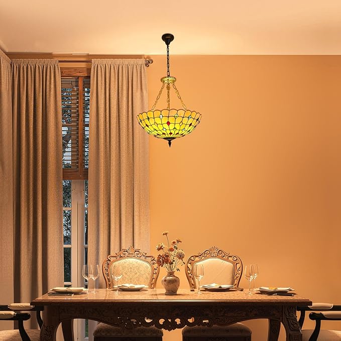 Vintage Pendant Light Fixtures, 20.5in Stained Glass Ceiling Pendant for Dining Room, Antique Style Hanging Lamp for Living Room Kitchen Entryway-E26