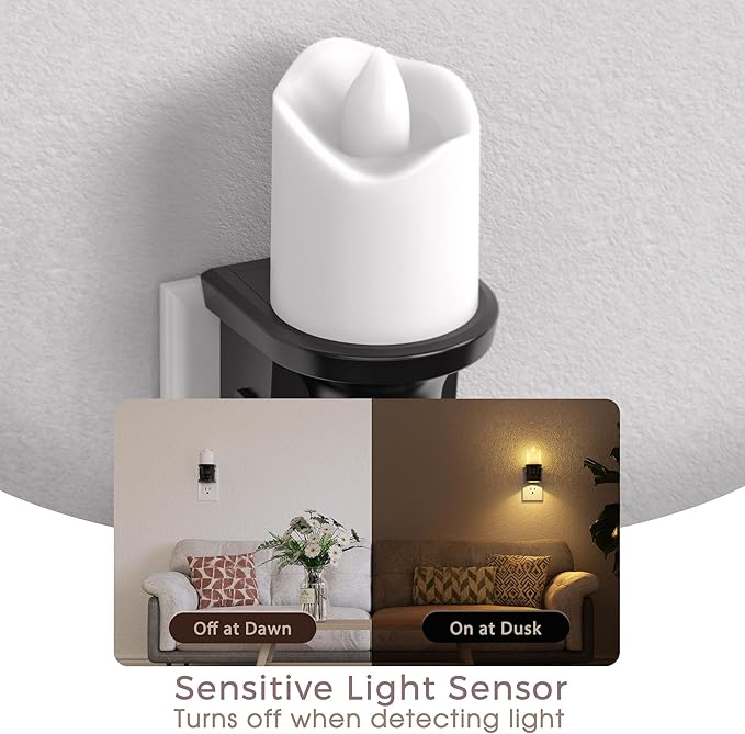 Flameless Candle Night Light, 3000K Warm White Candle Night Lights Plug into Wall, 2 Pack Nightlight with Light Sensor, 0-100LM Dimmable LED Night Light Plug in, Nightlight for Hallway Bathroom