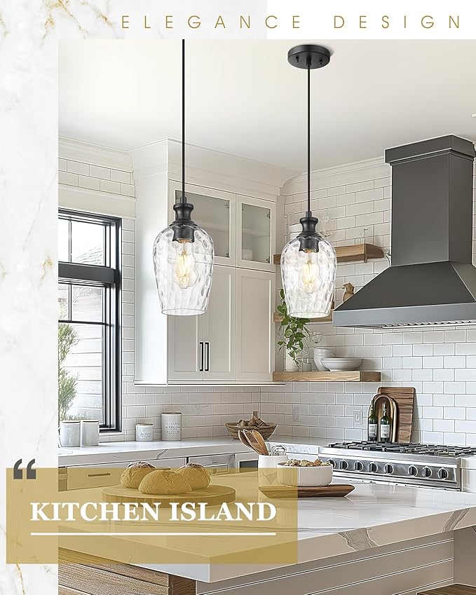 2-Pack Pendant Lights Kitchen Island, Black Hanging Lights Fixtures with Hand-Blown Hammered Clear Glass, Farmhouse Kitchen Island Lighting Over Sink, AD-24027-1P2-BK