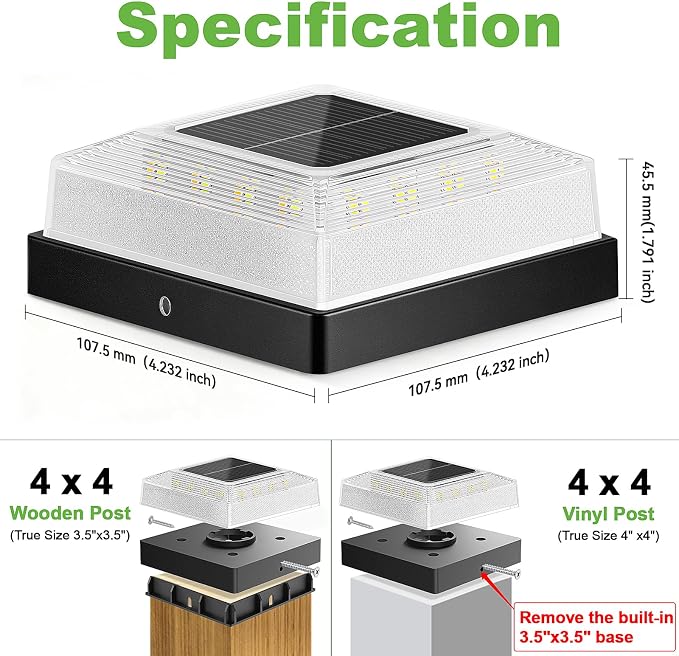 Brightever 3.5x3.5 4x4 Solar Post Cap Light Outdoor, 4-Pack Fence Post Solar Lights for Wooden/Vinyl Posts, 3 Lighting Modes, Solar Powered Waterproof Deck Post Lights for Garden Patio, Black