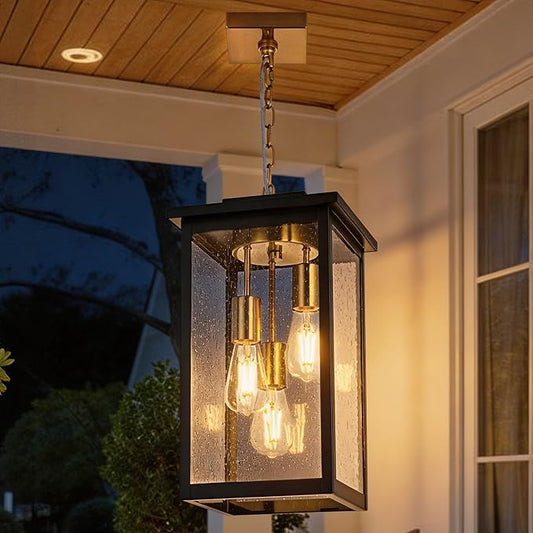 TODOLUZ 3-Lights Large Outdoor Pendant Light, Waterproof Exterior Height Adjustable Hanging Lighting with Seeded Glass Panel & E26 Bulb Base, Modern Porch Ceiling Lamp for Porch Patio Garden