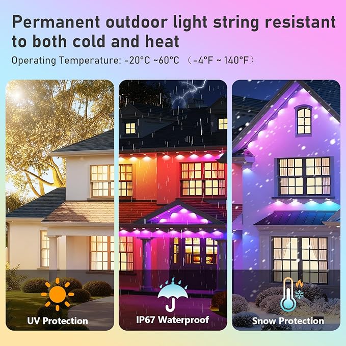 AHAWILL 50FT Christmas Permanent Outdoor Lights,RGB Eaves Lights with App & Remote Control,DIY Multi-Color Scene Modes,IP67 Waterproof,Outdoor Strings for House,Holiday Decorations for Christmas