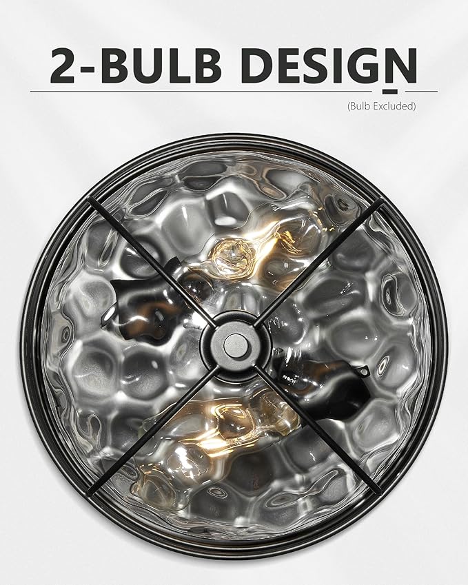Black Flush Mount Ceiling Light, HWH 12 inch 2-Light Farmhouse Close to Ceiling Light Fixture in Matte Black Finish with Water Ripple Hammered Glass, Kitchen Bedroom Laundry Foyer, 5HTJ7WG-F BK