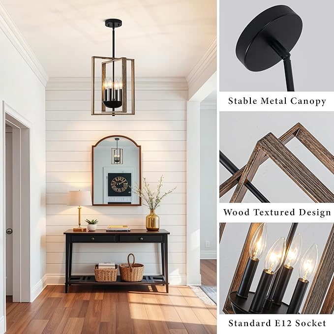 12.2" Farmhouse Chandelier, 4-Light Wood Textured Pendant Lights Kitchen Island, Rustic Hanging Light Fixture for Dining Room Kitchen Sink Foyer Hallway Bar