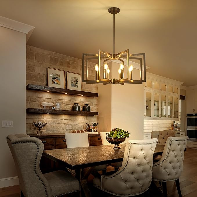 Klgxnrd 8-Light Modern Farmhouse Brushed Nickel Chandeliers for Dining Room, Large Industrial Kitchen Table Chandelier, Metal Geometric Hanging Light Fixture for Living Room Entryway Foyer Stairway