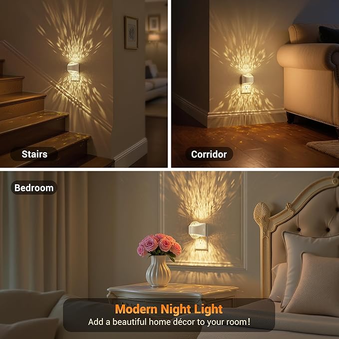 JandCase Night Lights Plug into Wall, 2 Pack 3000K Soft White Star Projector Night Light, Automatic Galaxy Nightlight Plug in with Light Sensor for Bathroom Hallway Room Decor
