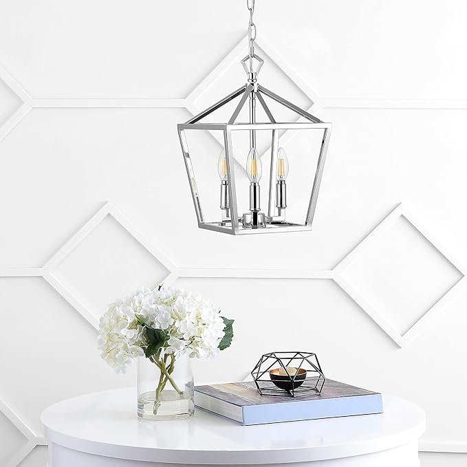 JONATHAN Y 10" Chrome 3-Light Pagoda LED Pendant Lantern, Classic Modern Farmhouse Chandelier for Kitchen Island, Dining Room, Entry, Foyer, Rustic Iron Frame (JYL7601C)