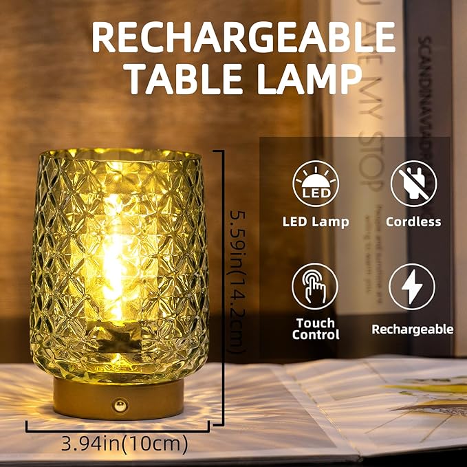 MJ PREMIER Cordless Rechargeable Table Lamp, Dimmable Portable Night Light with Diamond Facet Design 1800mAh Battery Operated Lamp for Bedside Patio Outdoor Home Decor, Emergency Gift for Women Green