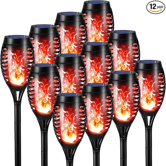 Toodour Solar Torch Flame Lights, 12 Pack Solar Lights Outdoor with Flickering Flame, Waterproof Patio Light Landscape Decoration Lighting for Garden, Lawn, Yard, Outdoor Decorations - Red