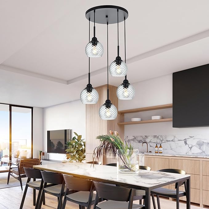5 Light Cluster Pendant Light with Striped Swirl Globe Glass Black Pendant Lighting for Kitchen Island, Modern Dining Room Light Fixtures Over Table Hanging Ceiling Light, E26 Base