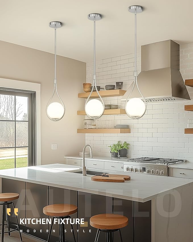 AUTELO Modern Pendant Lights Kitchen Island, 1-Light Pendant Lights in Brushed Nickel Finish with Milky White Globe Glass, Nickel Pendant Light Fixtures, Hanging Lamp for Kitchen Island H9377 MGST