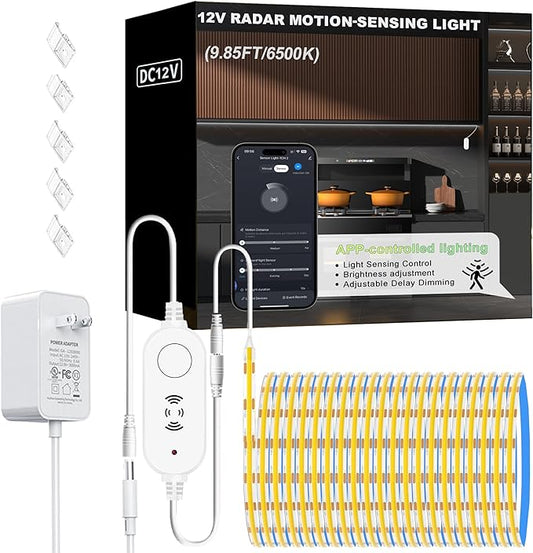 Cool White 6500K Smart COB LED Strip Light 9.85ft with Radar Motion Sensor, WiFi APP Control Dimmable Flexible LED Tape Light Timed for Google Home Alexa for Cabinets,Home&Office DIY Lighting