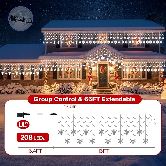 16FT Smart Icicle Lights with Snowflake for Outside, App Control DIY Color Changing 16 Drops 208LEDs Outdoor Christmas Lights Plug In Window Curtain Light for Room, Roofline, Eaves, Patio