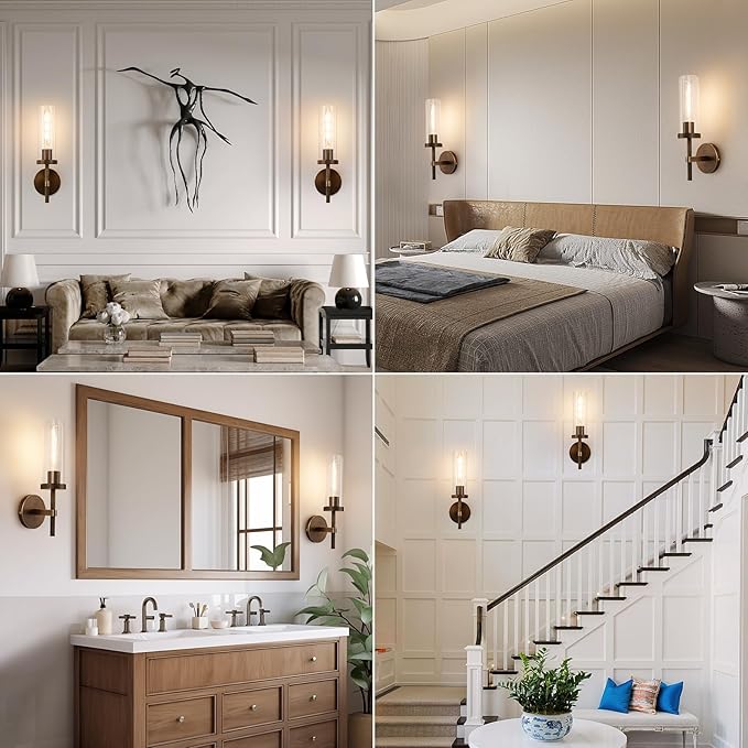 15" Knurled Brass Wall Sconce with Clear Glass Tube, Bronze Bathroom Vanity Light Fixtures, Modern Lamp Lighting for Bedroom, Living Room, Hallway, Staircase, Mirror, Kitchen