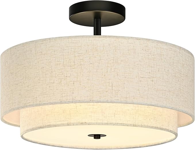 3 Light Semi Flush Mount Ceiling Light Fixture 15.7 Inch Modern Black Drum Ceiling Light Fixture with 2-Layer Fabric Shade Dimmable Close to Ceiling Light for Living Room Hallway Bedroom Entryway