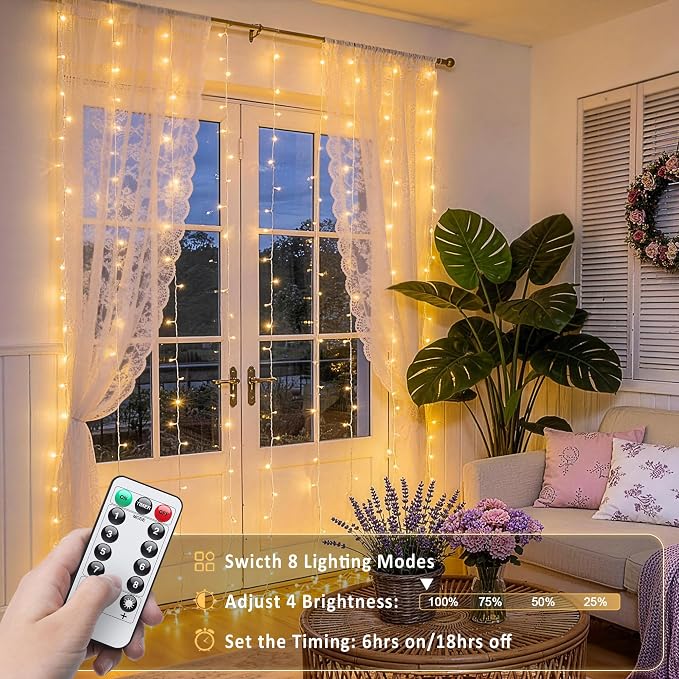 JMEXSUSS Curtain Lights 200 LED with 8 Modes | Remote Curtain Fairy Lights, USB String Lights, for Bedroom, for Classroom, for Wedding, 8 Modes, 6.5ftx6.5ft, Warm White