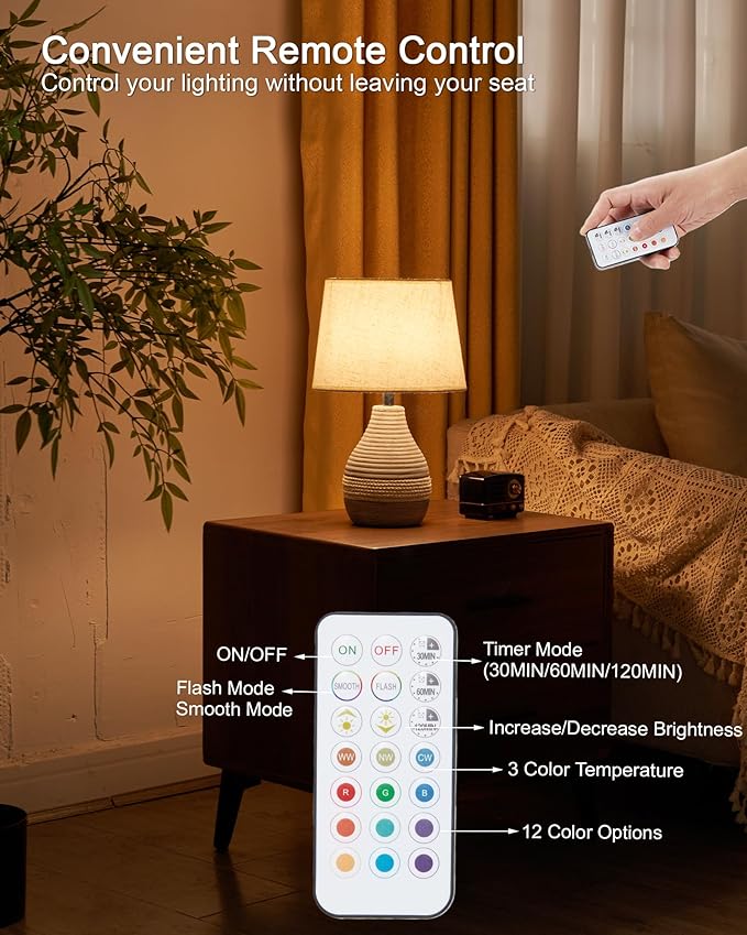13" H Small Rechargeable Cordless Ceramic Table Lamp with Remote – RGB, Warm White Light, Timer, Dimmer – Battery Operated Lamp with Linen Shade for Patio, Bedroom, Living Room, Dining Table
