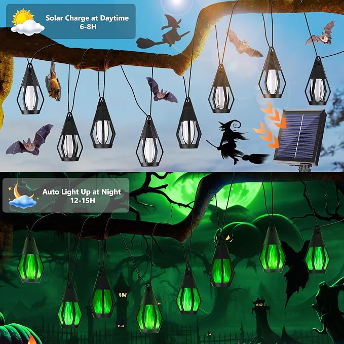 Solar String Lights for Outside, 33Ft Solar Patio Lights with 15 Flickering Flame Light Bulbs, Waterproof Green Solar Powered Outdoor Lights for Garden Yard Patio Gazebo Bistro Cafe Porch Party Decor