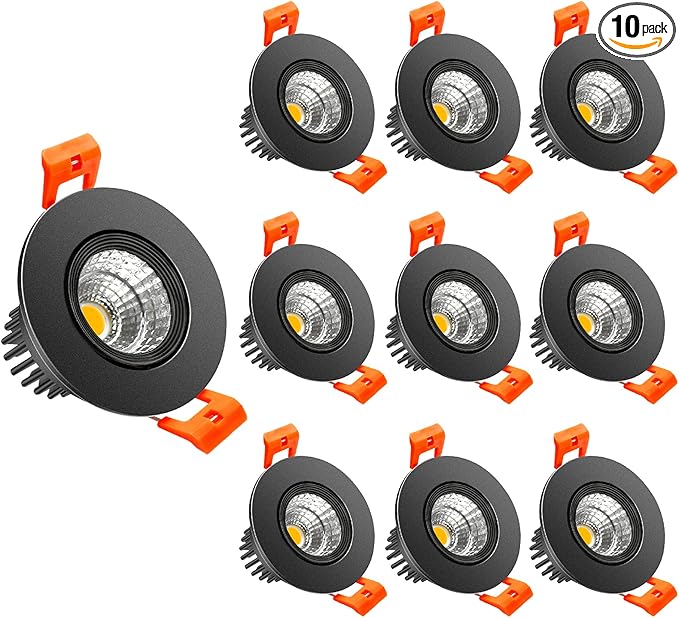 LightingWill 2inch LED Dimmable Downlight, 3W COB Recessed Ceiling Light, Daylight White 5500K-6000K, CRI80, 25W Halogen Bulbs Equivalent, Black (10 Pack)