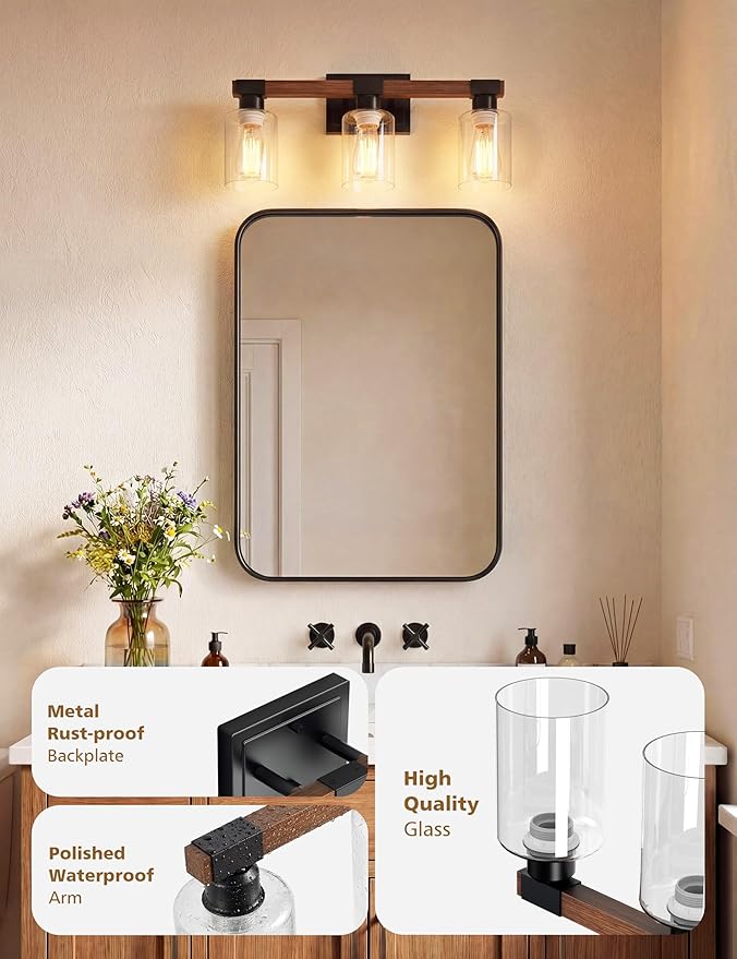 VOLISUN Farmhouse Bathroom Light Fixtures, 3 Light Bathroom Vanity Lights Over Mirror, Rustic Vanity Light for Bathrooms,Wood Bathrooms Lights Fixtures Over Mirror-UL Certificated