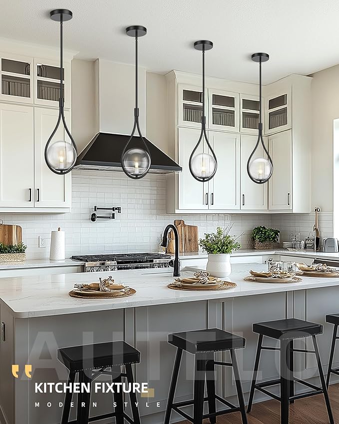 AUTELO Black Pendant Light Fixtures, 1-Light Pendant Lights Kitchen Island with Clear Globe Glass, Modern Pendant Lights, Black Hanging Lights for Kitchen Island H9377 CLBK