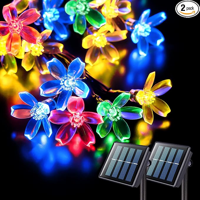 JMEXSUSS Solar String Lights Outdoor Waterproof, 2 Pack Each 30.6FT 50LED Cherry Blossoms Christmas Light, Solar Flower Lights for Garden Patio Yard Tree Party Decorations, Multicolored