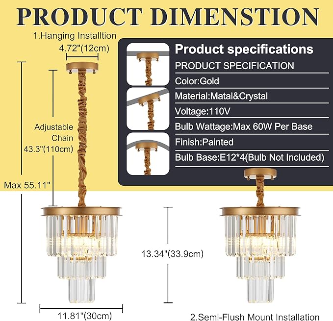 4-Light Gold Crystal Pendant Light, 3-Tier 11.8" Luxury Crystal Pendant Light Perfect for Dining Room, Bedroom, Kitchen, Living Room