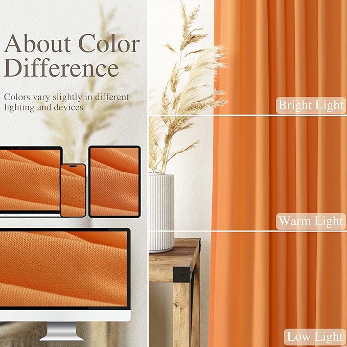 Orange Linen Semi Sheer Curtains 108 Inches Long 2 Panels Set Back Tab Loop Pocket Linen Blend Boho Large Window Curtain Extra Long Light Filtering Drapes High Ceiling Curtains for Living Room 52x108