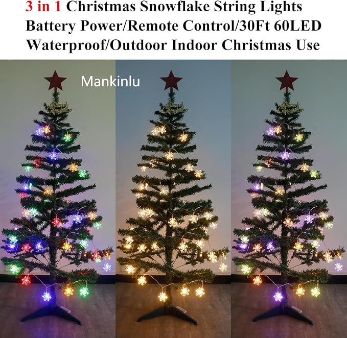 Christmas Decorations Snowflake Lights, 30ft 60 LEDs Snowflakes Christmas Lights Battery Operated String Lights with Remote for Xmas Tree Window Curtain Outdoor Indoor Winter Decor Multicolor