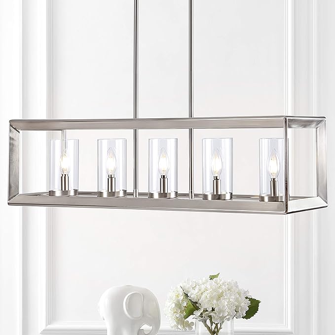 JONATHAN Y 38.5" Nickel Linear 5-Light LED Chandelier, Adjustable Clear Glass Shades Modern Pendant Light Fixture for Kitchen Island, Dining Room, ETL Listed (JYL7414B)