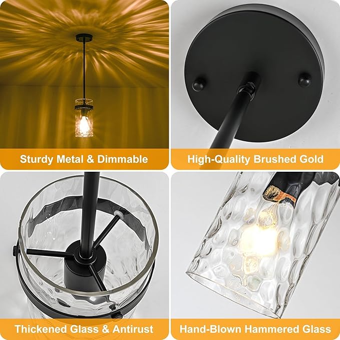 2 Pack Black Pendant Lights Kitchen Island, Hammered Glass Pendant Lighting Over Island, Kitchen Hanging Light Fixtures Pendant Light Over Sink for Kitchen Entryway Foyer Dining Room