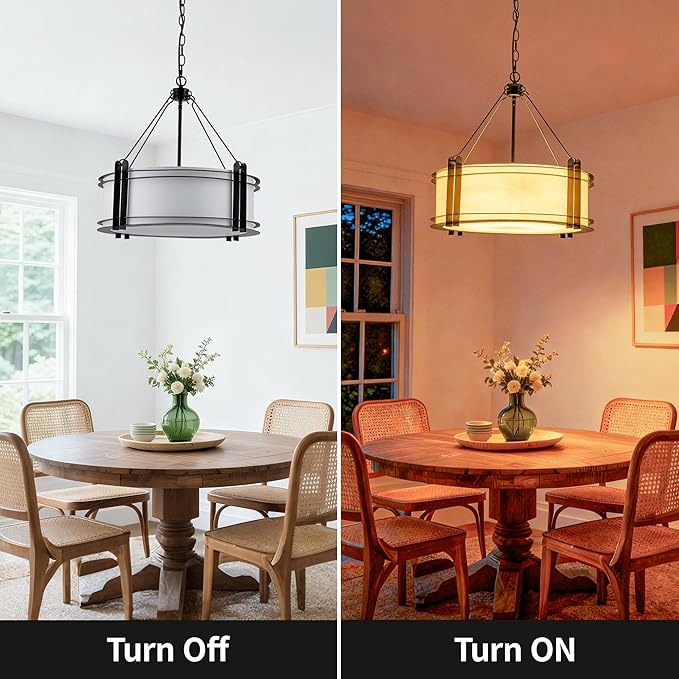 Mayful D20 Modern Farmhouse Chandelier 5-Light Adjustable Pendant Light for Dining Room Light Fixture, Rustic Drum Hanging Chandeliers for Kitchen Island Entryway Foyer Bedroom Living Room,Black