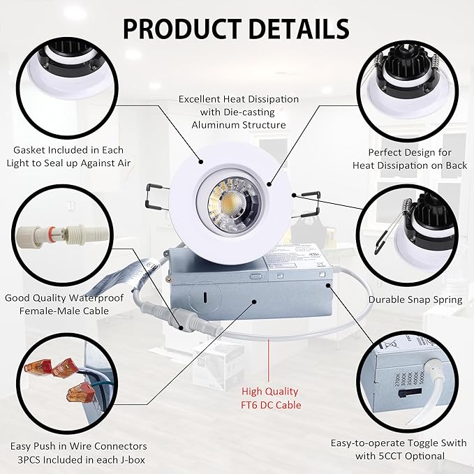 POPANU Canless Recessed Gimbal Downlight Rotatable-Spotlight 5 CCT 3 Inch Eyeball Ceilling Potlight, Dimmable Recessed Lights Fixture with Junction Box, 8W CCT Adjustable, White Round Trim, 6 Pack