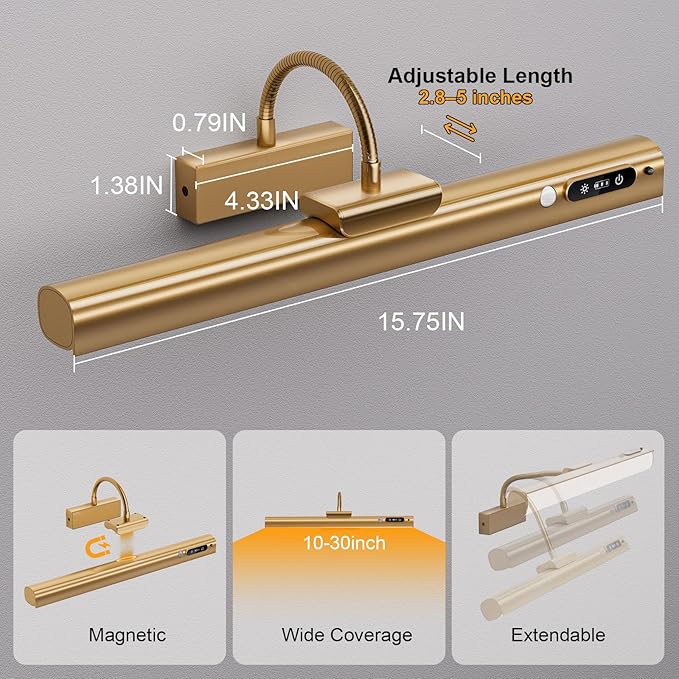 15.7'' Picture Lights for Wall with Motion Sensor, 9000mAh Rechargeable Battery Operated Poster Lights for Paintings, Portraits, Wall Decor, Gold(2pcs)