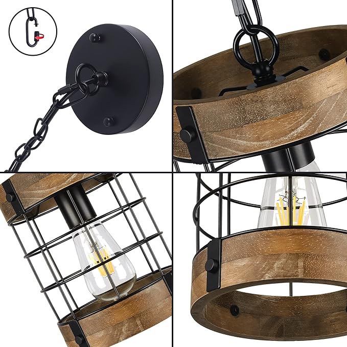Rustic Pendant Light Fixtures, Farmhouse Kitchen Wood Hanging Lighting, Industrial Round Cage Chandelier for Entryway Hallway Dining Room Bedroom Foyer