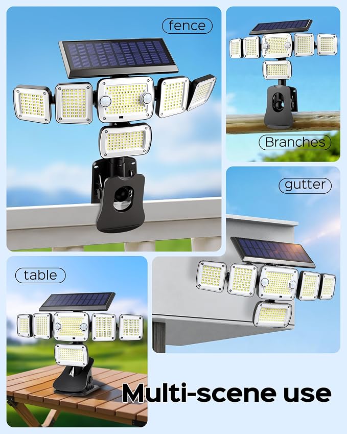 Solar Flood Lights Outdoor,5000LM 336 LEDs Dual Clip on Motion Sensor Lights with 360° Wide Angle &3 Modes, IP65 Waterproof Security Lights for Yard Patio Garage Garden,1Pack