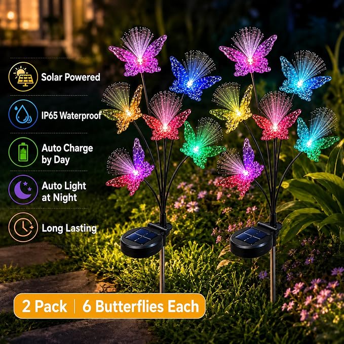 JJGoo 2 Pack Solar Garden Lights, Solar Butterfly Swaying Light for Outside, New Upgraded Outdoor Waterproof Light for Garden Patio Yard Front Porch Decor