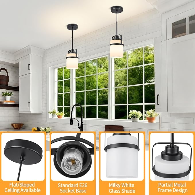 Modern Black Pendant Lights Kitchen Island Light, Adjustable Hanging Light Fixture with Milk Glass Shade, Farmhouse Pendant Light for Dining Room Bar Over Sink/Table/Counter, 2 Pack