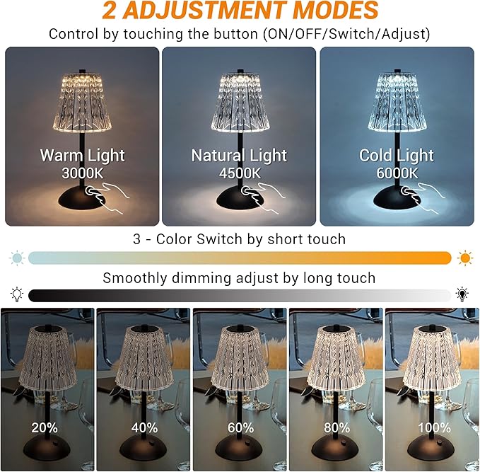 Cordless Table Lamp, 4000mAh Rechargeable Battery Operated Lamp, 3 Color Modes & Stepless Dimmable LED Touch Lamp, Portable Crystal Metal Beside Lamps for Bedroom Restaurant(Black 2 Pack)