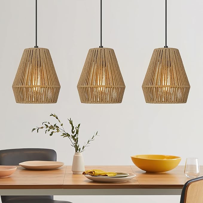 ELYONA 3 Pack Woven Pendant Lights, 7” Modern Boho Hanging Lamp with Handwoven Woven Rattan Shade, Adjustable Farmhouse Coastal Pendant Light Fixtures for Kitchen Island,Dining Room,Bar, Foyer Hallway