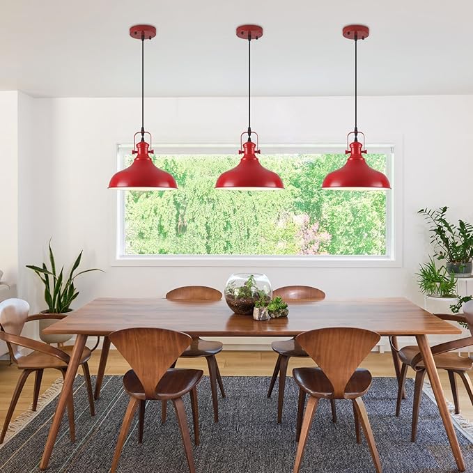 Red Farmhouse Pendant Lights, 11.4" Industrial Pendant Lighting for Kitchen Island, Kitchen Island Lighting, Island Pendant Light for Kitchen, Barn, Dining Room, 3 Pack