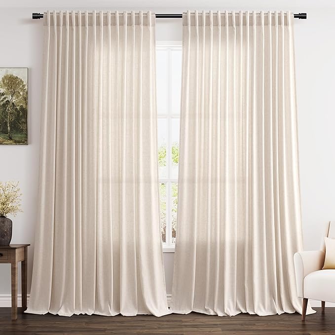Nanspring Extra Wide Linen Curtains for Living Room 108 Inch Length for Room Divider Beige Rustic Farmhouse Drape Rod Pocket Back Tab Light Filtering Bedroom Window Curtain for Sliding Door 100x108